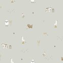 Behang met 'Little Farm' print. Zachtgroene ondergrond met diverse boerderijdieren en tarwestengels.
