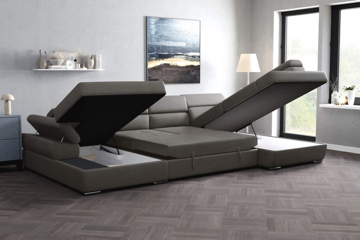 hoekbank lazaro links- microvezelstof taupe- dubbele opbergruimte- met slaapfunctie-seatsandbeds