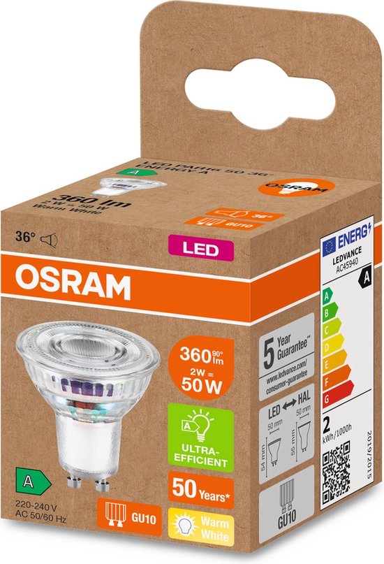 Lampe LED OSRAM Classe énergétique A (A - G) GU10 Réflecteur 2 W = 50 W Warmwit (Ø x h) 50 mm x 50 mm 6 pièce(s)