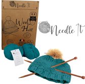 Complete dark green hat knitting kit - Do-it-yourself woollen hat for children and adults - complete kit with needle, ball and instructions - French wool