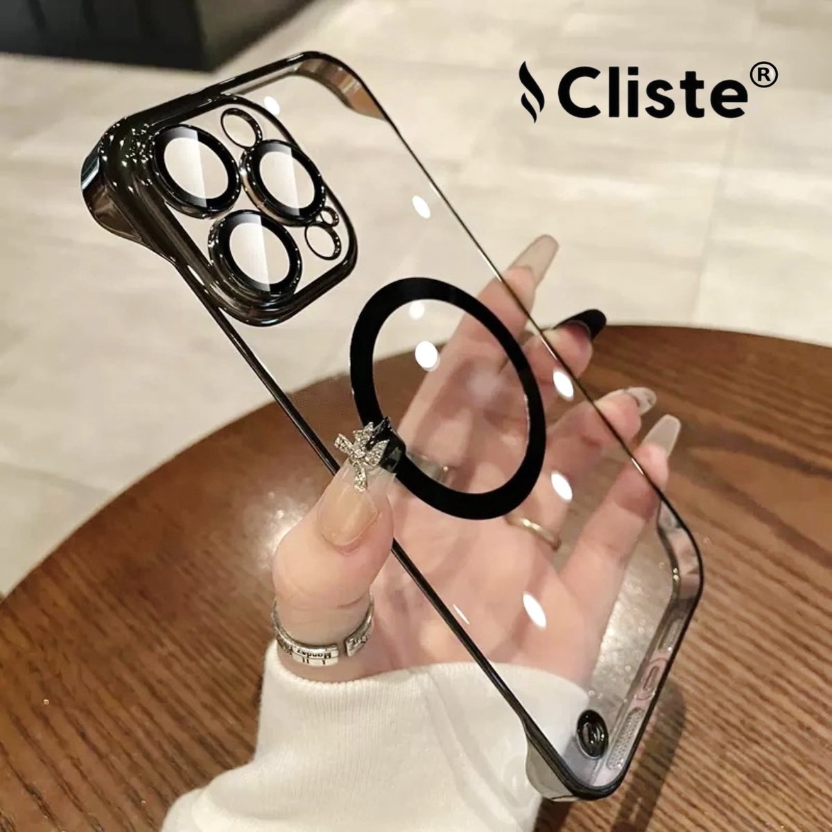 Cliste iPhone 15 Pro Max Kristal Magnetisch Hoesje Met Lensbeschermer Met Ring - Zwart - Magsafe - Magneet Case Met Ring iPhone 15 Pro Max transparant gekleurde rand - Luxe ontwerp - Nieuw