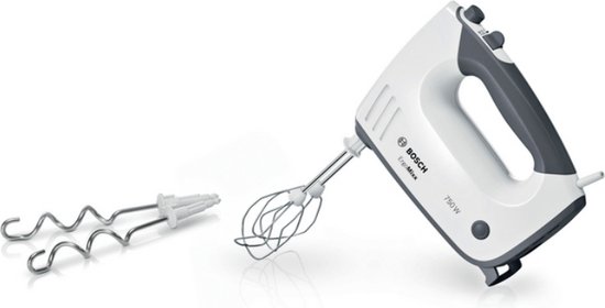 Witte Bosch handmixer met grijs handvat en twee sets kloppers.