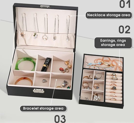 Larkumio Sieradendoos voor dames en meisjes, sieradenkistje Vuir PU, 2 lagen, afsluitbaar, voor halskettingen, oorbellen, armbanden (grijs