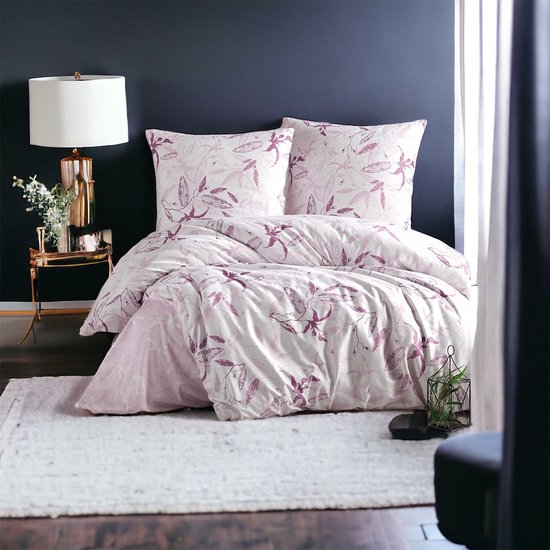 Beddengoed 135 x 200 cm roze/wit, 100% katoen-renforcé, 2-delige dekbedovertrekset, roze gebloemd, met 2 kussenslopen 80 x 80 cm, Ritssluiting