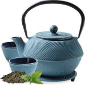 Théière en fonte 1,1 litres dans un coffret cadeau, service à thé complet, théière en fonte avec passoire en acier inoxydable, tasses à thé et sous-verres, service à thé de style japonais, bleu Arare