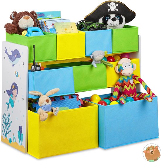 Kinderrek met 9 stoffen dozen, zeemeermin kindermotief, speelgoedrek organizer HBT 66 x 82,5 x 29,5 cm, kleurrijk, 1 stuk