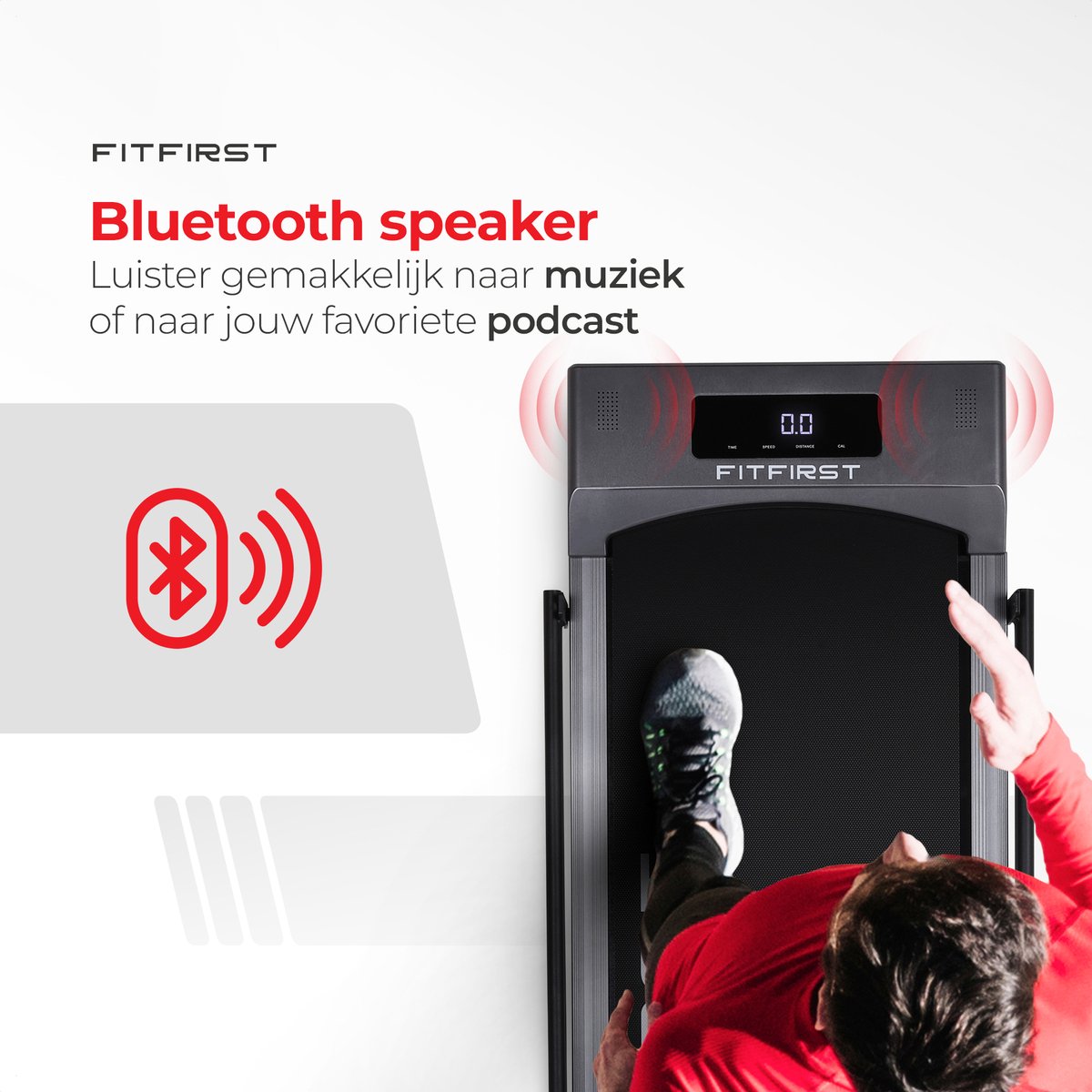 Afbeelding 2 van FitFirst® Jogger - Loopband met ingebouwde Speakers en App - Inklapbaar en verrijdbaar - Met afstandsbediening - Display met Trainingsinformatie - Telefoonhouder - Bluetooth - Hometrainer Fitness - Ideaal voor onder bureau