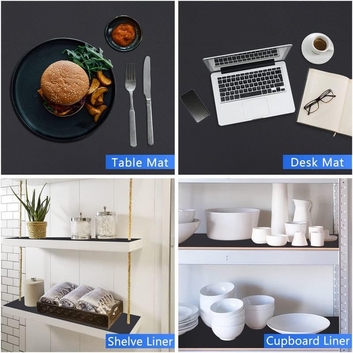 Shelf Liner Keukenladematten, niet-klevende EVA-koelkastbekledingen met waterdichte, duurzame koelkasttafel, placemats voor kast, ladebekleding (zwart, 44,5 cm x 1000 cm)