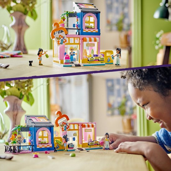 Deux vues d'un magasin de vêtements vintage LEGO Friends, l'une avec des figurines et l'autre avec un enfant.