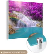 MuchoWow® Glasschilderij 90x90 cm - Schilderij acrylglas - Waterval - Bomen - Regenboog - Paars - Foto op glas - Schilderijen