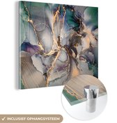 MuchoWow® Glasschilderij 50x50 cm - Schilderij acrylglas - Goud - Blauw - Marmer - Foto op glas - Schilderijen