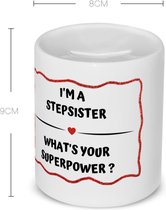 Akyol - i'm a stepsister what's your superpower? Spaarpot - Zus - super stiefzus - verjaardag - cadeautje voor zus - zus artikelen - kado - geschenk - 350 ML inhoud