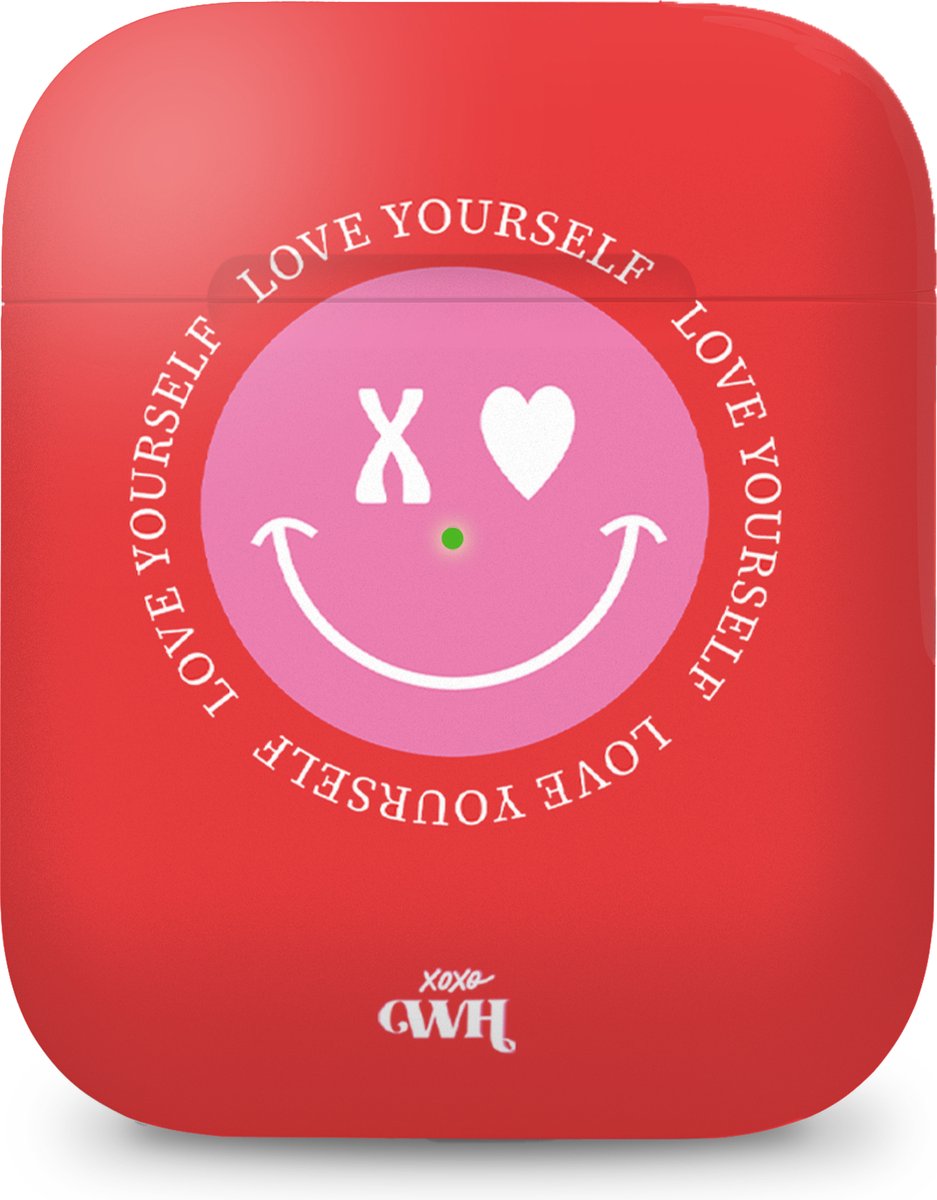 xoxo Wildhearts hoesje geschikt voor Airpods 1/2 - Love Yourself - Ook als telefoonhoesje verkrijgbaar - schokbestendige case geschikt voor Airpod 1 en 2 - koptelefoon case - Hoesje met smiley face - emoji - rood / roze