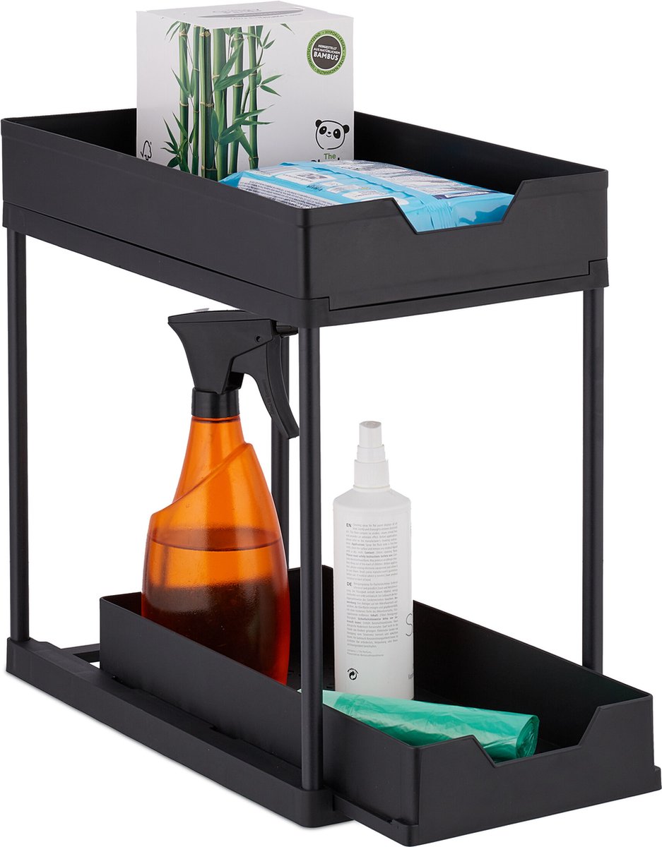 Relaxdays keukenkast organizer, met 2 etages, uitschuifbaar, 4 haken & 2 bakjes, onder wastafel, keuken & badkamer, zwart
