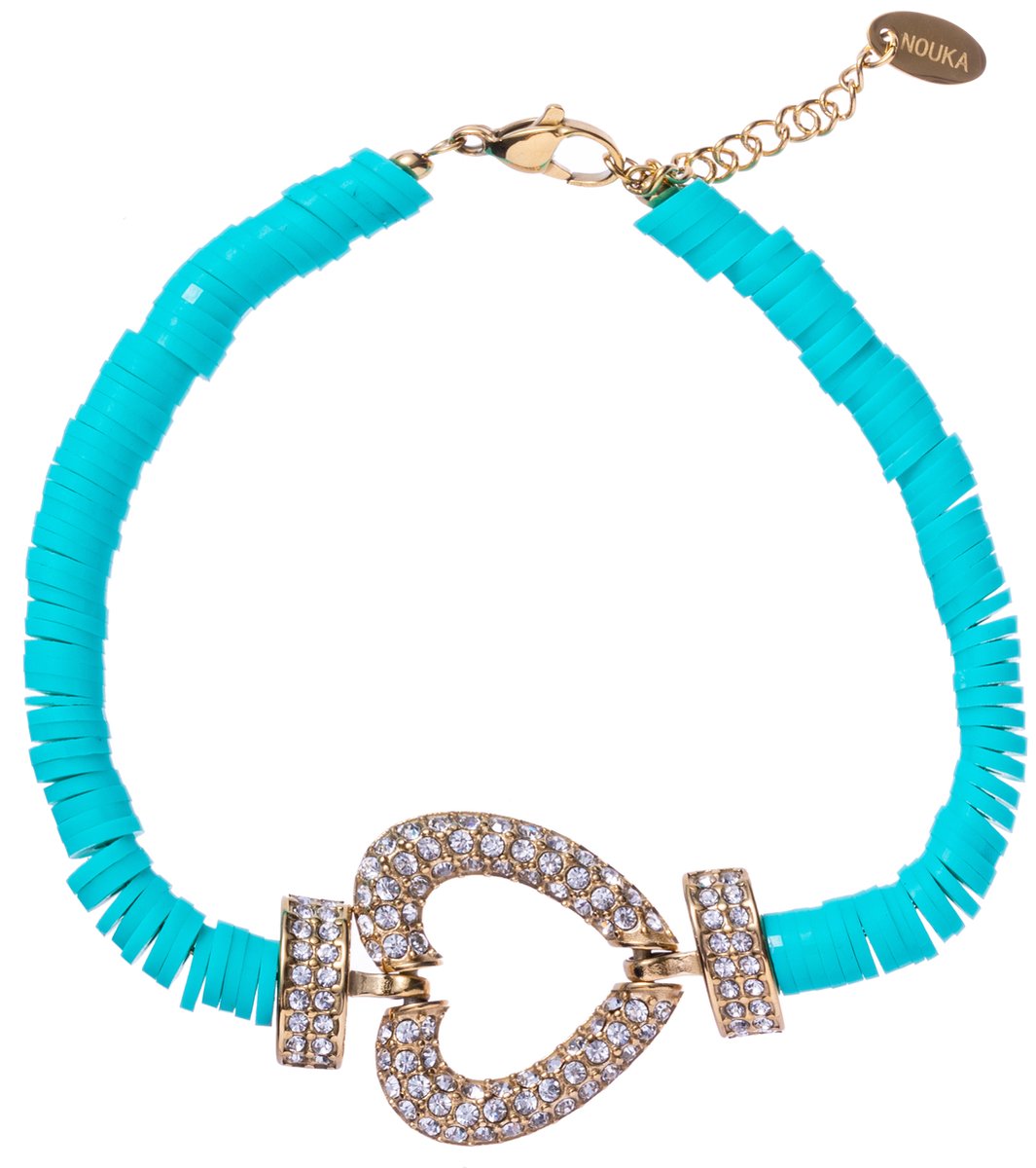 Nouka Dames Armband – Goud Gekleurd met Hartjes Bedel – Hart Ingelegd met Schitterende Steentjes – Blauwe Kralen - Stainless Steel – Cadeau voor Vrouwen