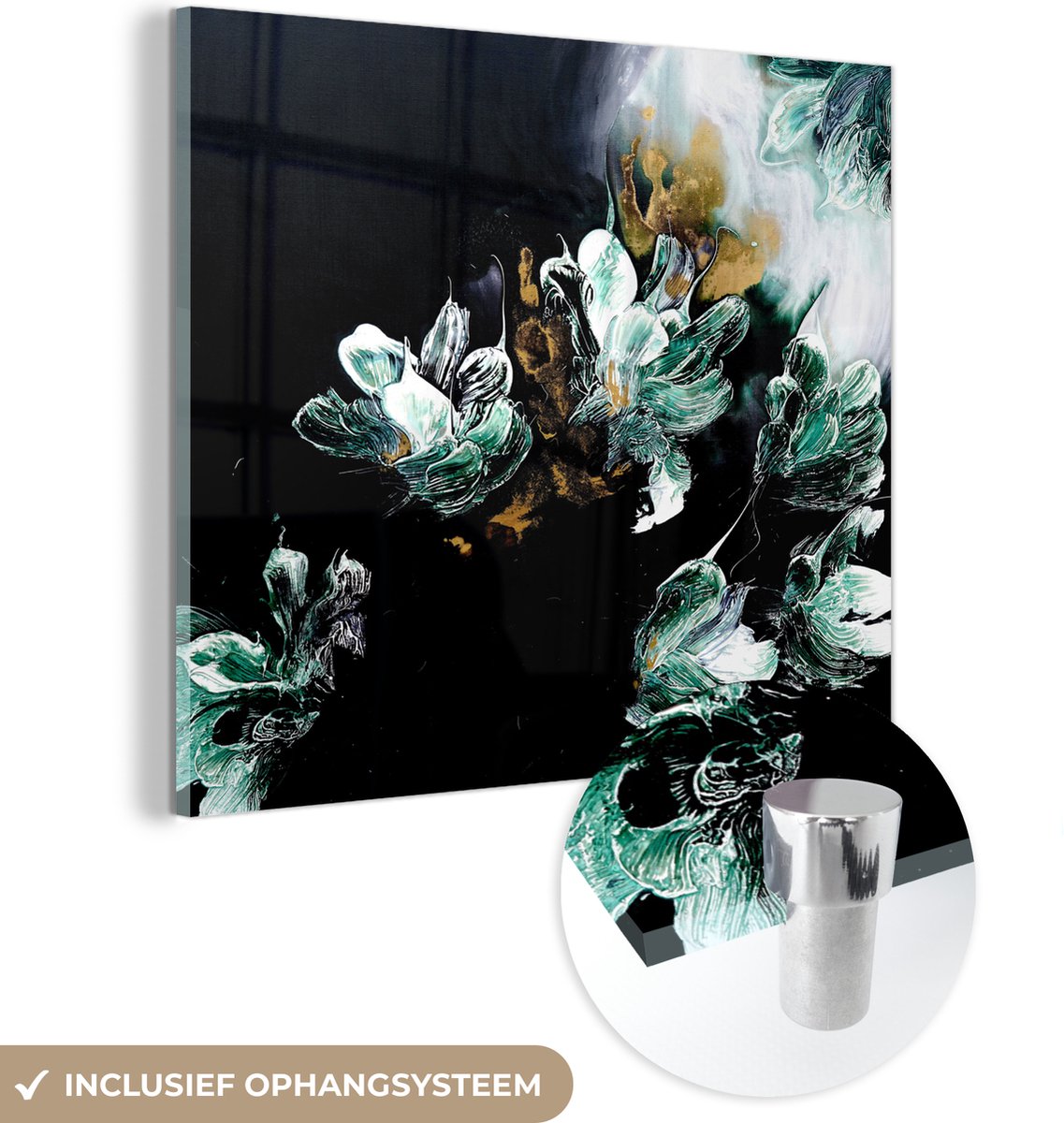 MuchoWow® Glasschilderij 50x50 cm - Schilderij acrylglas - Schilderen - Verf - Zwart - Blauw - Foto op glas - Schilderijen