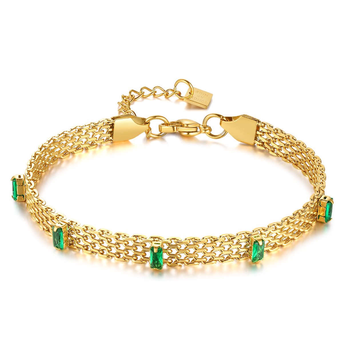 Twice As Nice Armband in goudkleurig edelstaal, groene rechthoekige zirkonia 18cm+4cm