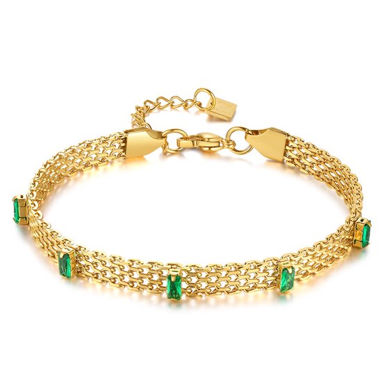 Twice As Nice Armband in goudkleurig edelstaal, groene rechthoekige zirkonia 18 cm+4 cm