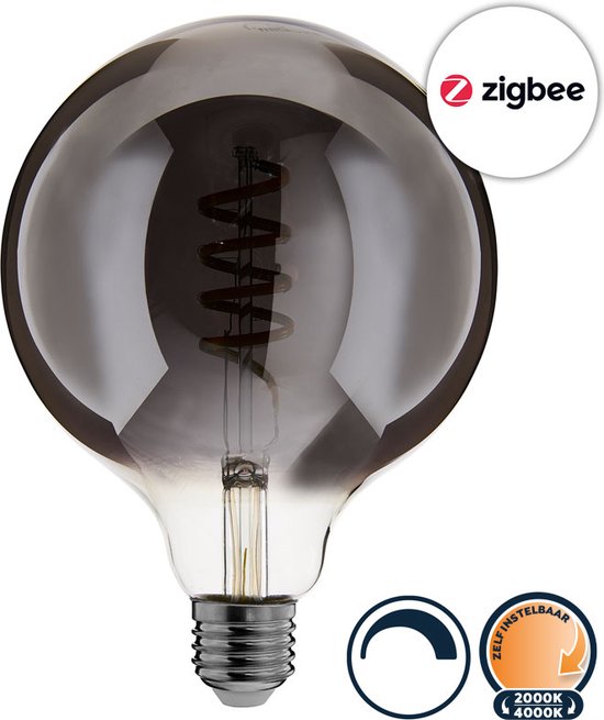 Zigbee E27 led lamp, filament globe (G125), Touchlink, Dimbaar, 2000K-4000K lichtkleur zelf instelbaar, Smokey glas, 5W