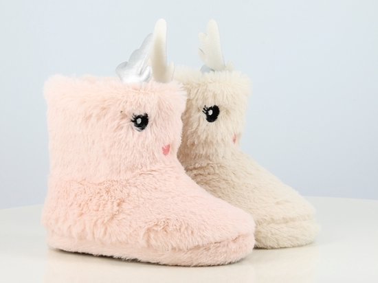 Meisjes fleece pantoffels konijn met zachte hoornen – zeer zachte roze huissloffen – antislip – maat 29