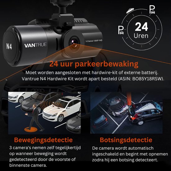 Dashcam voor en Achter, FHD 1080P Dubbele Dashcamera met Nachtzicht, 24 Uur Parkeermodus voor Waycam