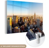MuchoWow® Glasschilderij 120x80 cm - Schilderij acrylglas - New York - Zon - Skyline - Foto op glas - Schilderijen