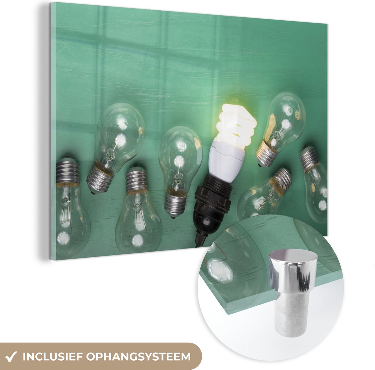 ® Glasschilderij 30x20 cm - Schilderij acrylglas - Gloeilamp tussen oude gloeilampen - Fot
