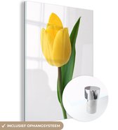 MuchoWow® Glasschilderij 60x80 cm - Schilderij acrylglas - Gele tulp voor een witte achtergrond - Foto op glas - Schilderijen