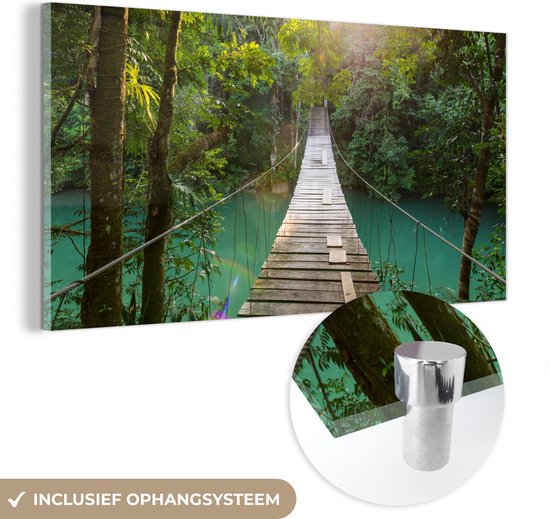 MuchoWow® Glasschilderij 120x60 cm - Schilderij acrylglas - Jungle - Water - Brug - Natuur - Planten - Foto op glas - Schilderijen
