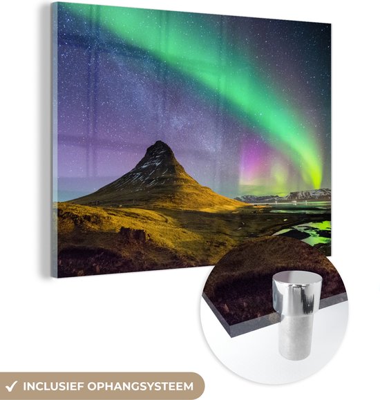 MuchoWow® Glasschilderij 80x60 cm - Schilderij acrylglas - Aurora - Noorderlicht - Nacht - Foto op glas - Schilderijen