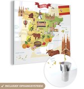 MuchoWow® Glasschilderij 90x90 cm - Schilderij acrylglas - Illustraties op de kaart van Spanje - Foto op glas - Schilderijen