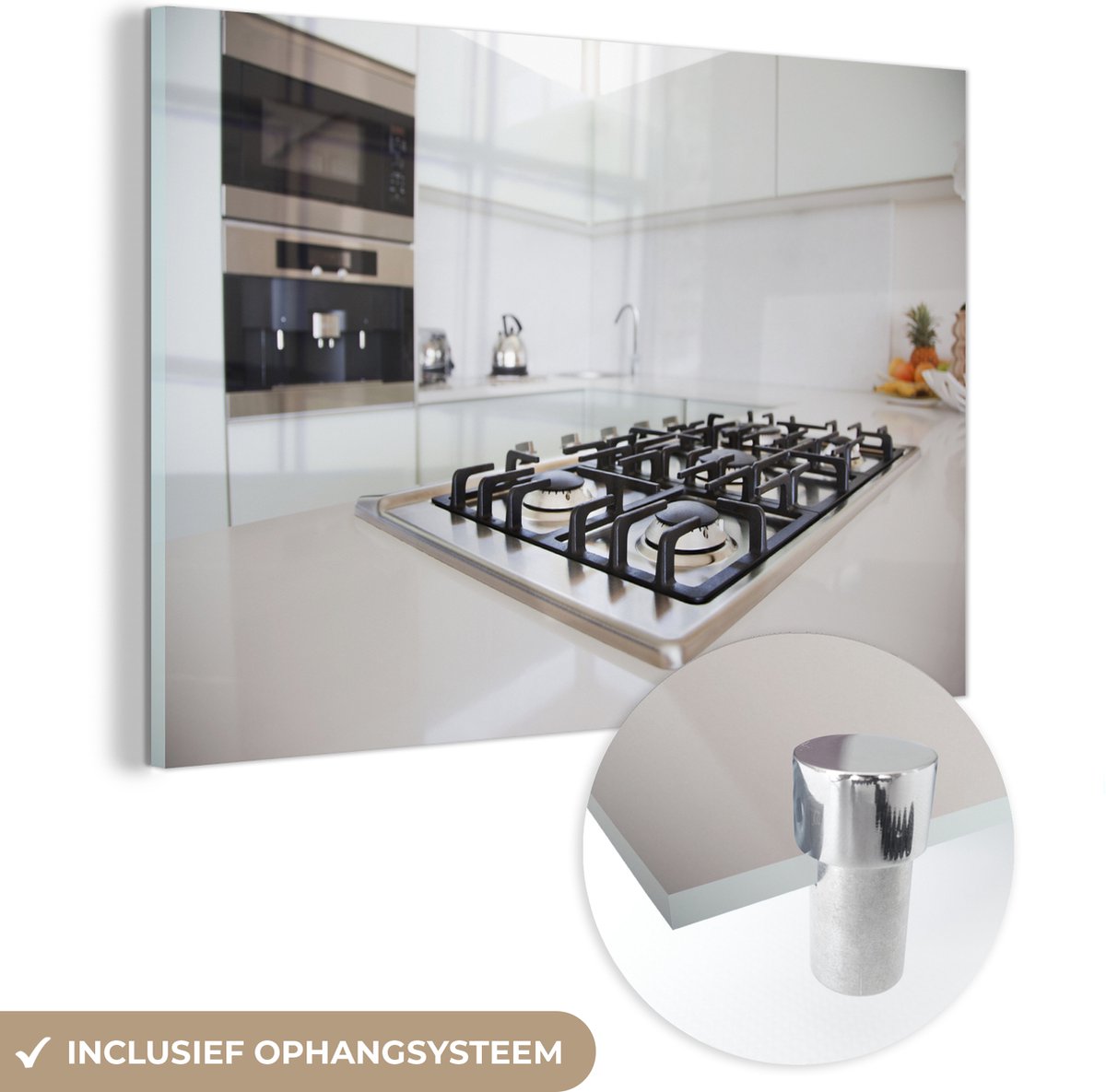 ® Glasschilderij 90x60 cm - Schilderij acrylglas - Een fornuis en oven in een moderne keuk