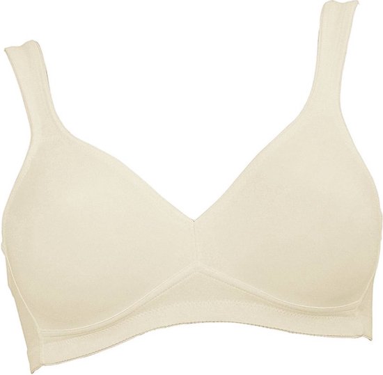 Crèmekleurige beugel-bh met brede bandjes en gedefinieerde cups, op een witte achtergrond.