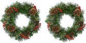 2x stuks kerstkransen/dennenkransen groen met sneeuw en versiering 50 cm - Dennenkransen/deurkransen kerstversiering