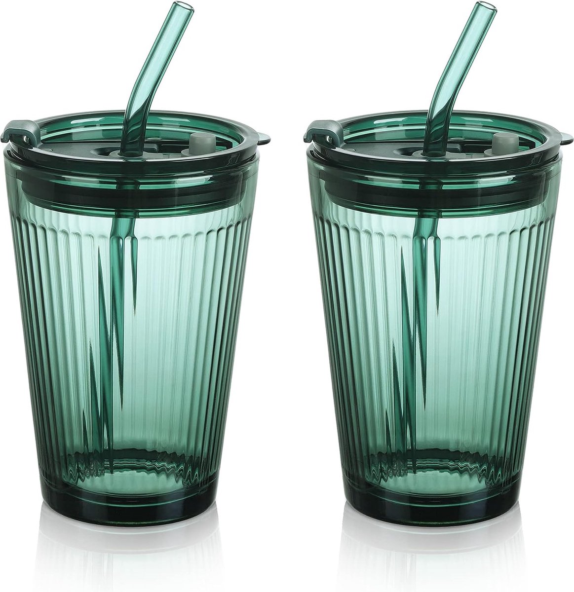 Image of 450 ml Groene Drinkbeker met Deksel en Rietje - Set van 2 Glazen Smoothiebekers met Rietje - Koffiebeker met Rietje voor Sap, Koffie, Water, Thee