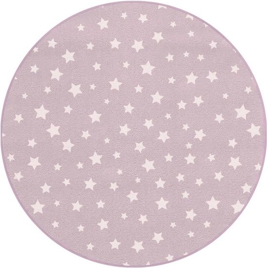 Vloerkleed - Rond - Sterren - Roze - laagpolig, kinderkamer, wasbaar, Anti-Slip, Licht Roze - 100 cm