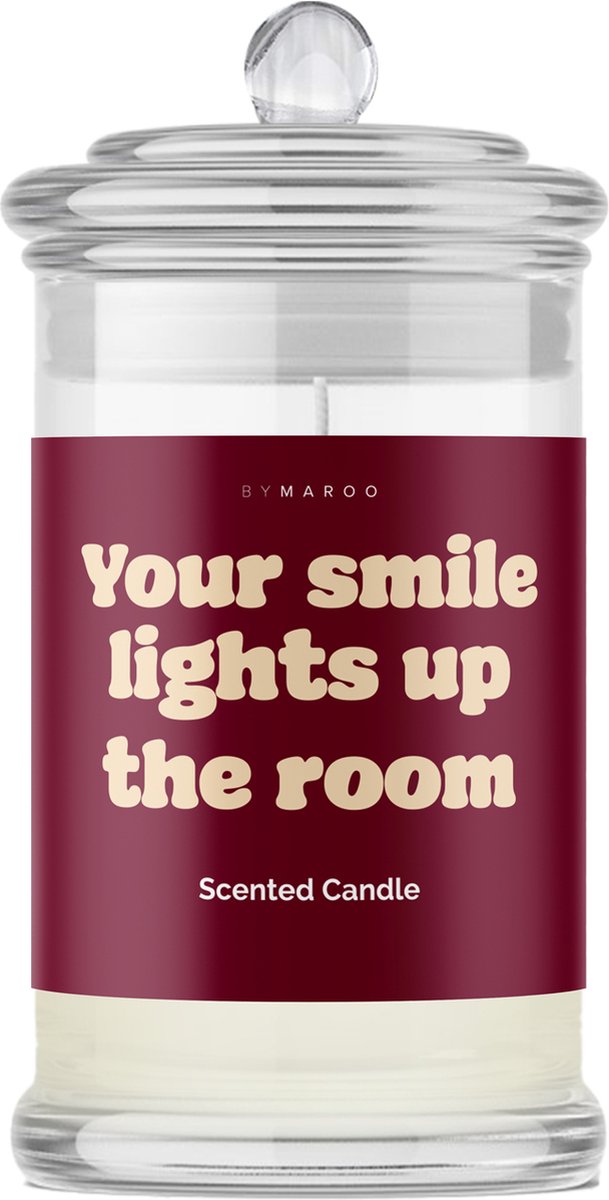 Cadeau voor Vrouw - By Maroo Geurkaars in Glas met Tekst Lief Compliment - Your Smile Lights Up The Room - leuke cadeautjes mannen en vrouwen, moeder, vader, opa, oma, mama, papa, zus, vriendin - Geschenkset - Cadeautje voor Haar Hem