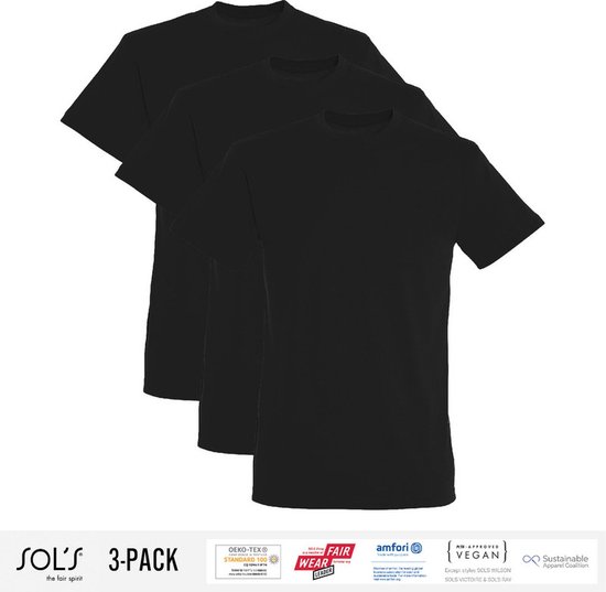 3 Pack Sol's Heren T-Shirt 100% biologisch katoen Ronde hals Zwart Maat L
