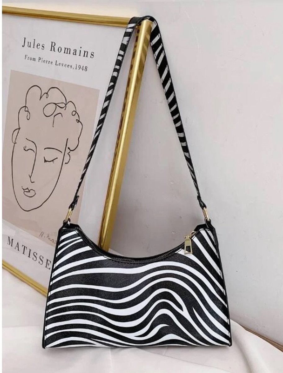 Zebra print schoudertas - zwart tas - tas - schoudertas - zwarte tas - schoudertas dames - schoudertassen - statement tas - grote zwarte tas - hobo tas - schoudertas