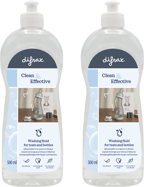 Foto: Difrax afwasmiddel voor baby producten 2x 500 ml ph neutral geurvrij perfect voor babyflessen en fopspenen