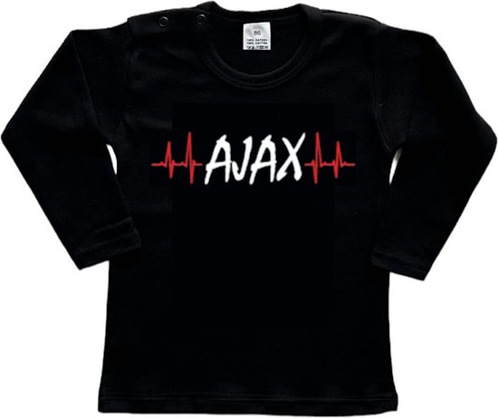 Amsterdam Kinder t-shirt Lange Mouw | "AJAX hartslag | Verjaardagkado | verjaardag kado | grappig | jarig | Amsterdam | AJAX | cadeau | Cadeau | Zwart/rood/wit/rood | Maat 98