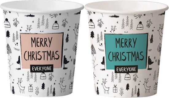 Twee papieren bekers met witte opdruk van winterse kersttaferelen en de tekst 'MERRY CHRISTMAS EVERYONE' in een roze of turquoise kader.