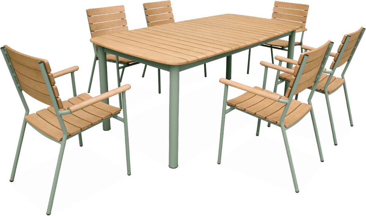 sweeek - Eucalyptus en aluminium tuintafel 190cm, samana, met set van 6 stoelen, watergroene structuur