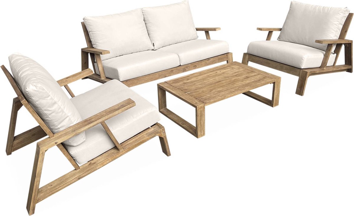 sweeek - Tuinmeubelset in geborsteld hout, gebleekt effect - quito - inclusief kussens, 4 zitplaatsen