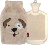 Waterkruik met Teddy Hoes en Hondengezichtje - Tot 6 uur warmte - Heerlijk zacht – Veilige Warmwaterkruik – 1,8 liter – Crème Hondje