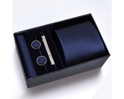Zijde Stropdas Set - Stropdas met Pochet, Manchetknopen en Dasspeld - 100% Zijde Tie Set - Blauw