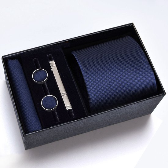 Set cravate en soie - Cravate avec carré de poche, Boutons de manchette et pince à cravate - Set cravate 100% soie - Blauw