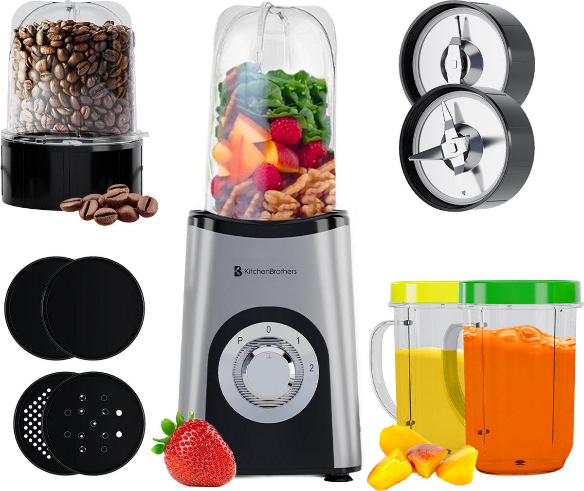 KitchenBrothers Smoothie Blender - 2-in-1 - Blender to Go - 4 Bekers - Smoothie Maker To Go - Mini Blender - Zilver - KitchenBrothers