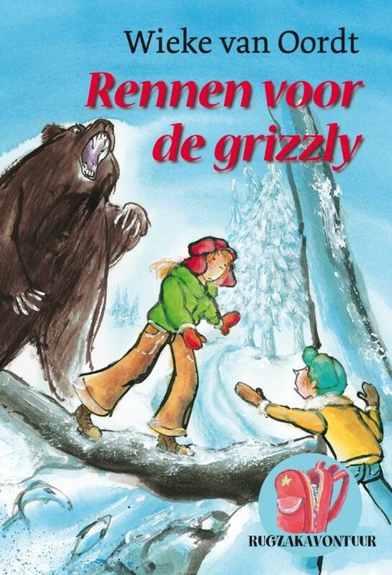Boekcover: Een beer jaagt op twee kinderen in een besneeuwd landschap. Titel: Rennen voor de grizzly.