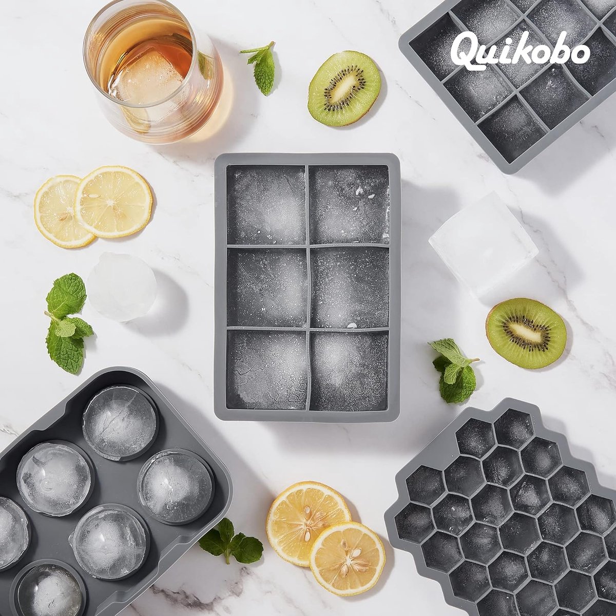 AKINOYAMA IJsblokjesvorm van siliconen, XXL, 45 mm, ijsblokjesvorm, 48 mm, 6 vakken, 2-delige set ijsblokjesvormen, ijsblokjesvorm, BPA-vrij, ijsblokjesvorm voor whisky, cocktails, sap, chocolade